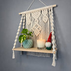 Handcrafted Macrame Wall Shelf, Oak Wood Plant Display, Boho Decor