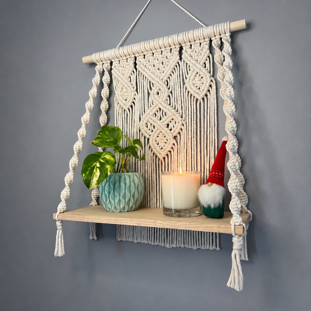 Handcrafted Macrame Wall Shelf, Oak Wood Plant Display, Boho Home Decor Accent