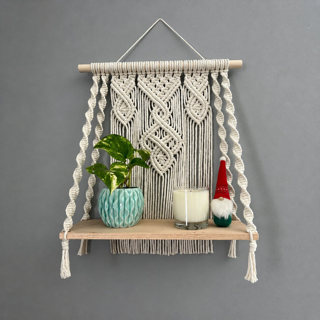 Handcrafted Macrame Wall Shelf, Oak Wood Plant Display, Boho Home Decor Accent