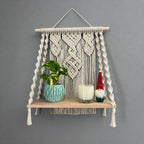 Handcrafted Macrame Wall Shelf, Oak Wood Plant Display, Boho Decor