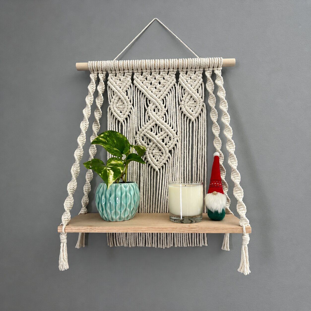 Handcrafted Macrame Wall Shelf, Oak Wood Plant Display, Boho Home Decor Accent