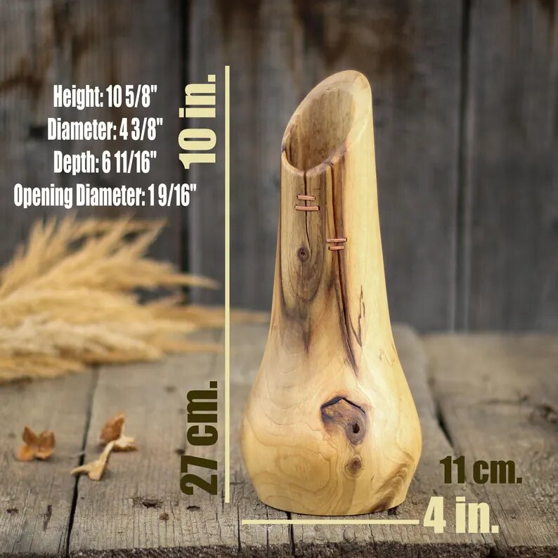 Carved Walnut Wood Vase, Organic Floral Display Piece, Natural Rustic Home Accent