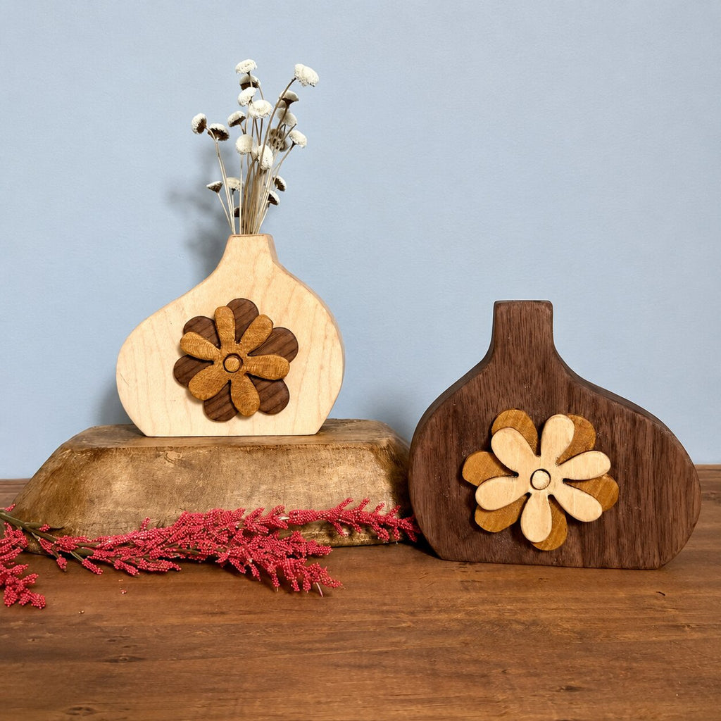 Handmade Wooden Bud Vase, Rustic Flower Inlay Decor, Dried Flower Display Accent