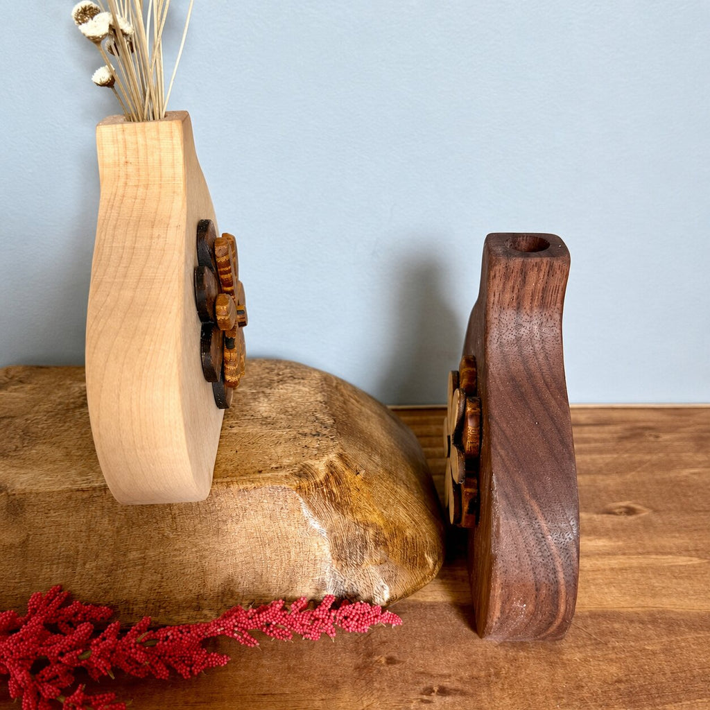 Handmade Wooden Bud Vase, Rustic Flower Inlay Decor, Dried Flower Display Accent