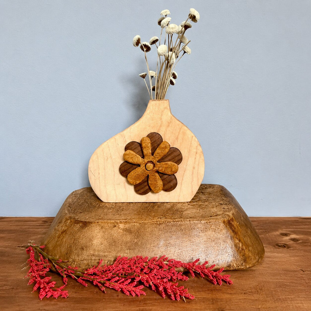 Handmade Wooden Bud Vase, Rustic Flower Inlay Decor, Dried Flower Display Accent