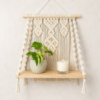 Handcrafted Macrame Wall Shelf, Oak Wood Plant Display, Boho Decor