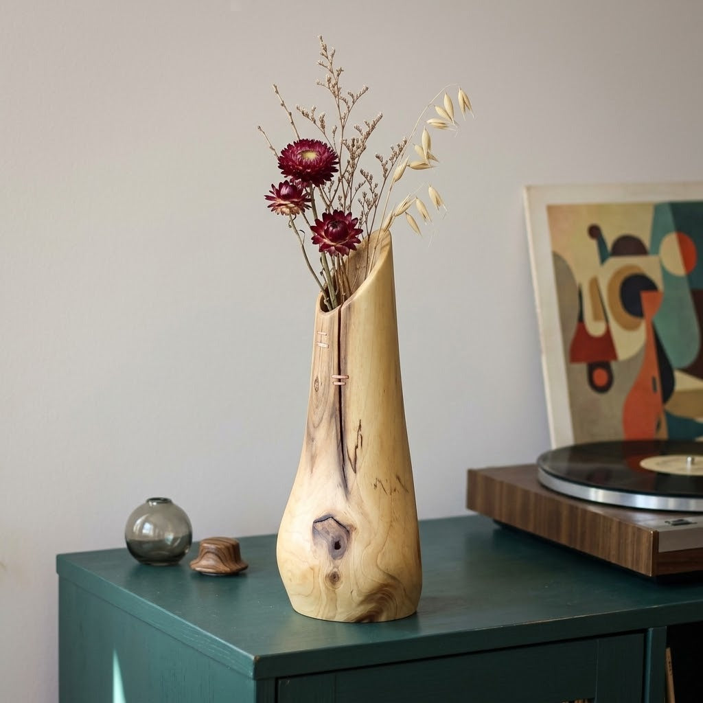 Carved Walnut Wood Vase, Organic Floral Display, Rustic Home Decor