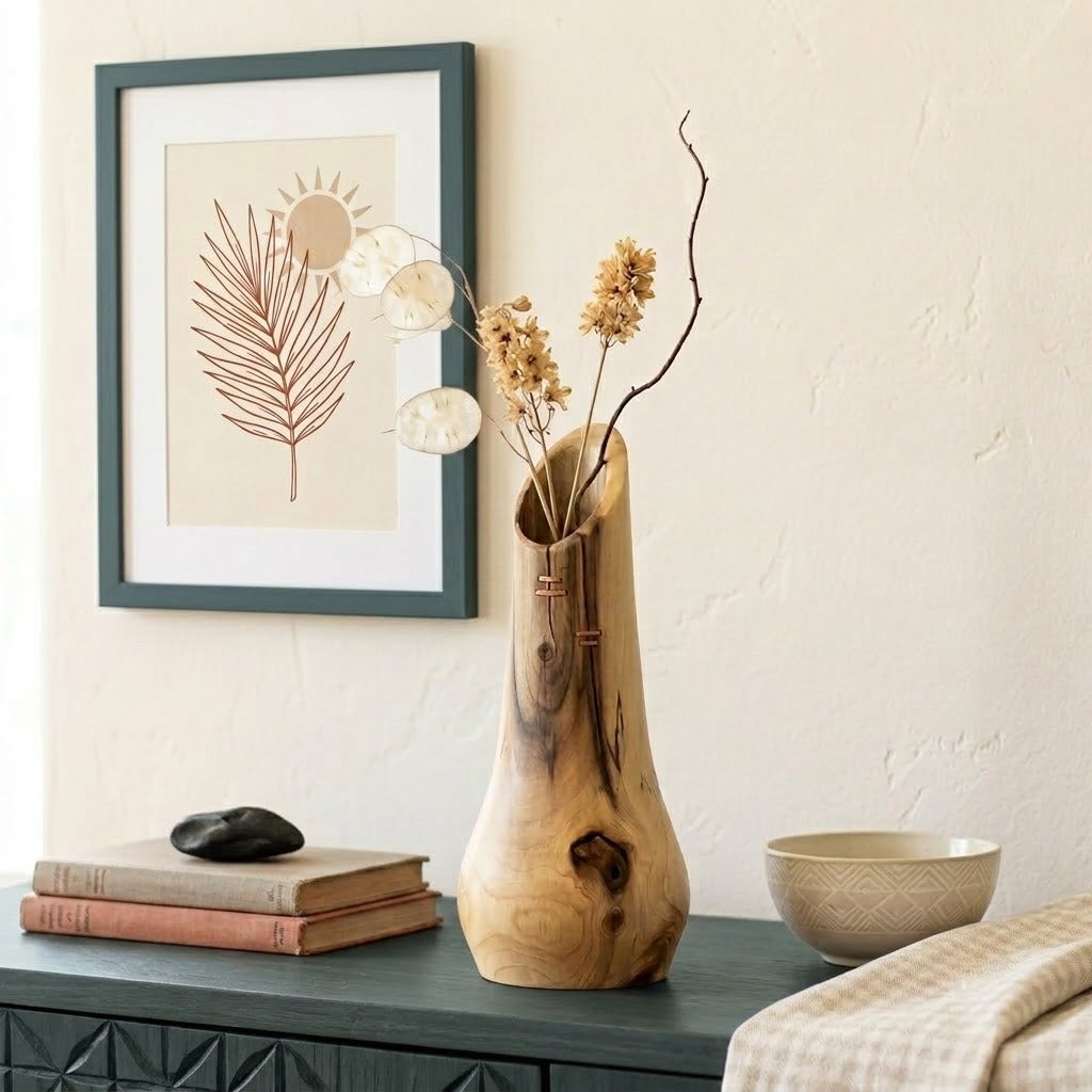 Carved Walnut Wood Vase, Organic Floral Display, Rustic Home Decor