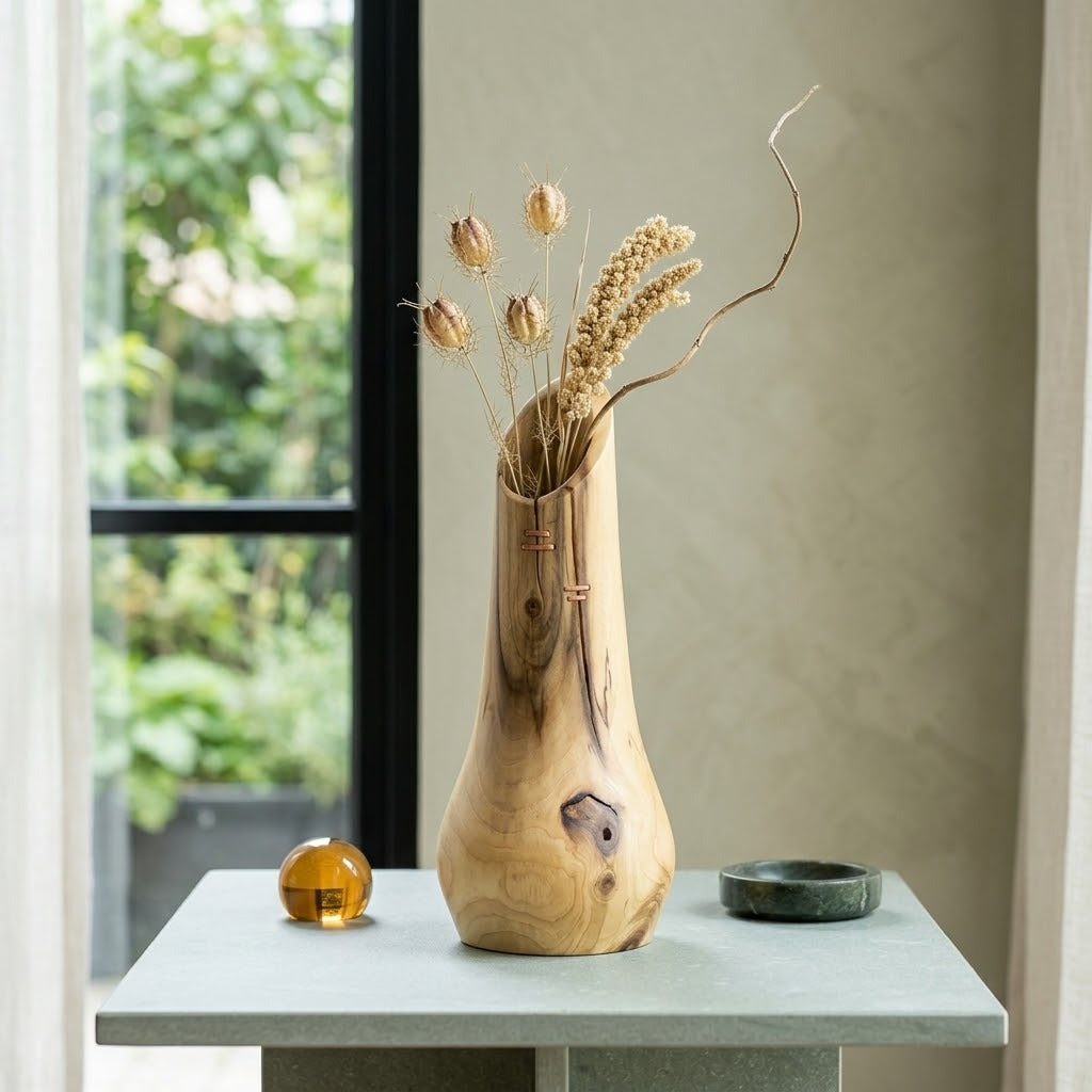 Carved Walnut Wood Vase, Organic Floral Display, Rustic Home Decor