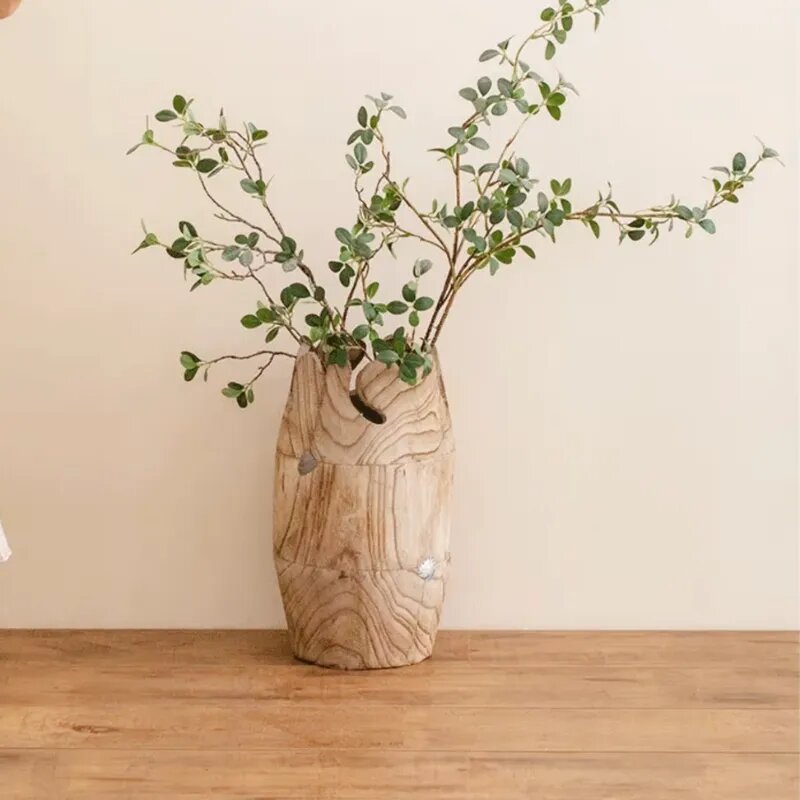 Large Wooden Flower Vase, Cylindrical Decorative Centerpiece, Natural Home Decor Accent