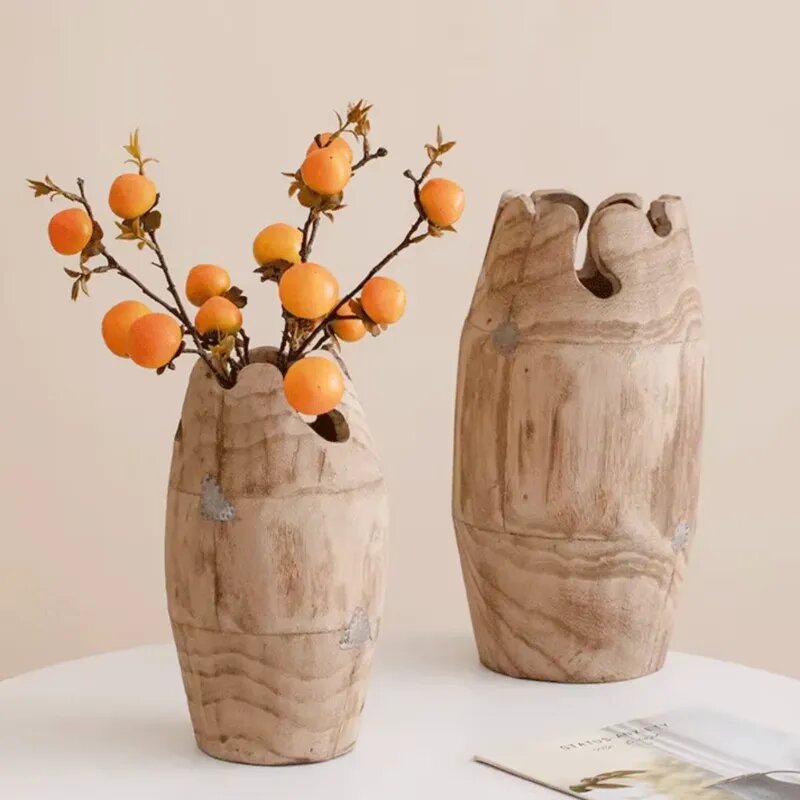 Large Wooden Flower Vase, Cylindrical Decorative Centerpiece, Natural Home Decor Accent
