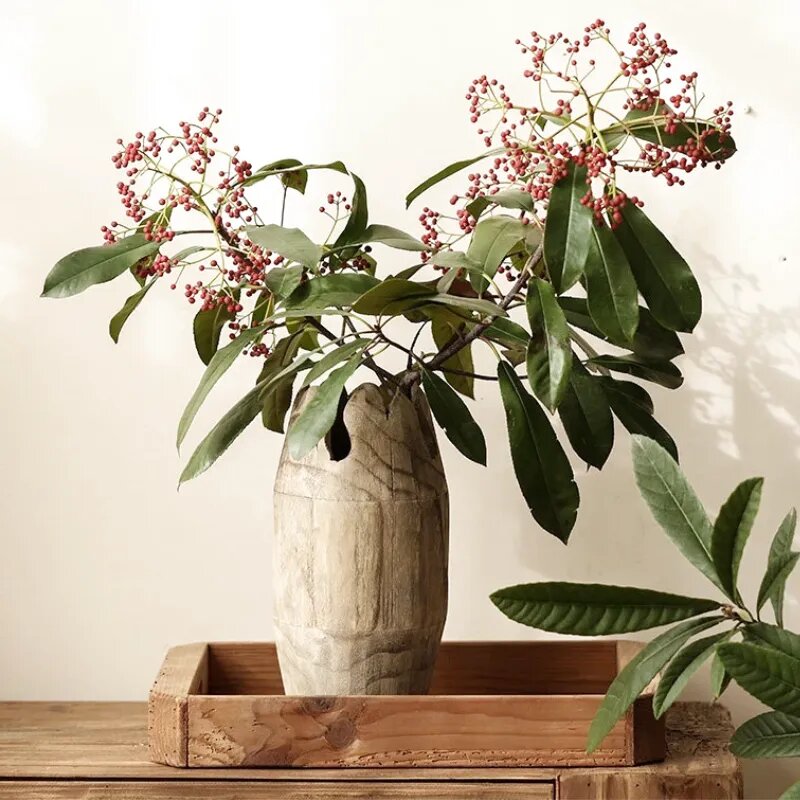 Large Wooden Flower Vase, Cylindrical Decorative Centerpiece, Natural Home Decor Accent