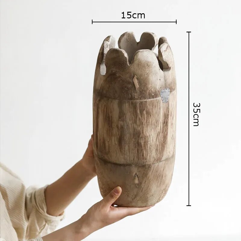 Large Wooden Flower Vase, Cylindrical Decorative Centerpiece, Natural Home Decor Accent