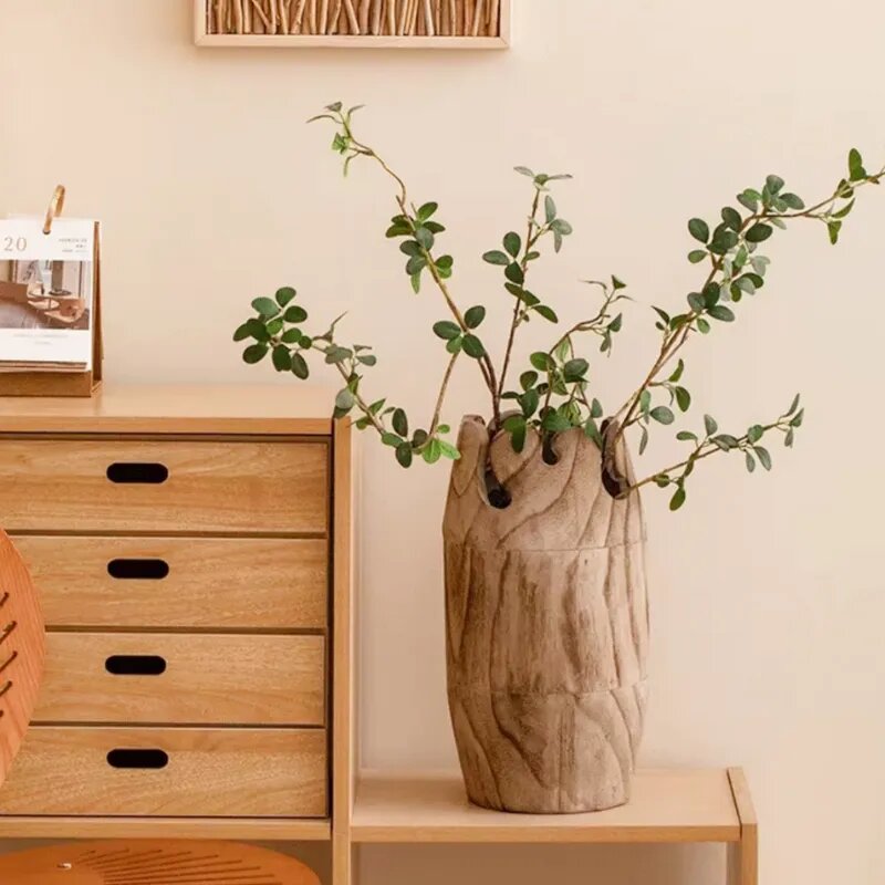 Large Wooden Flower Vase, Cylindrical Decorative Centerpiece, Natural Home Decor Accent