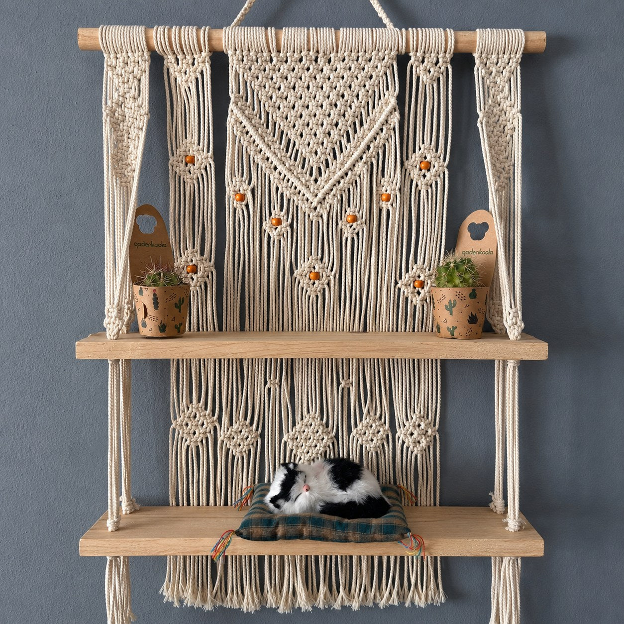 Handmade Macrame Hanging Plant Shelf – Boho Wooden Wall Decor