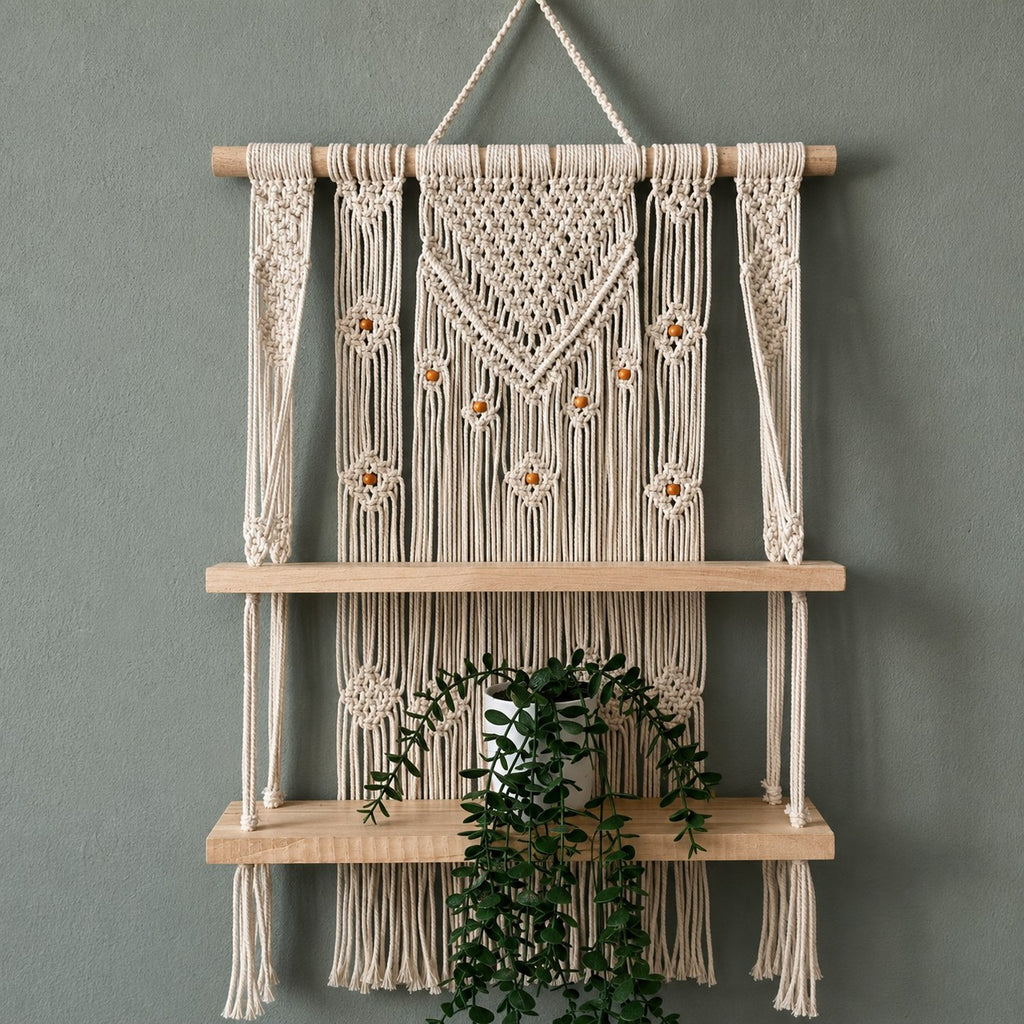 Handmade Macrame Hanging Plant Shelf – Boho Wooden Wall Decor