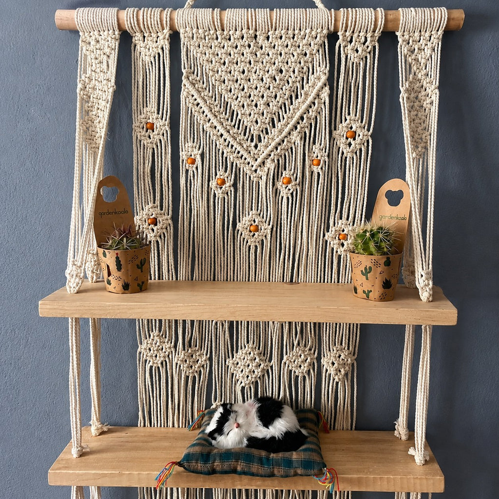 Handmade Macrame Hanging Plant Shelf – Boho Wooden Wall Decor