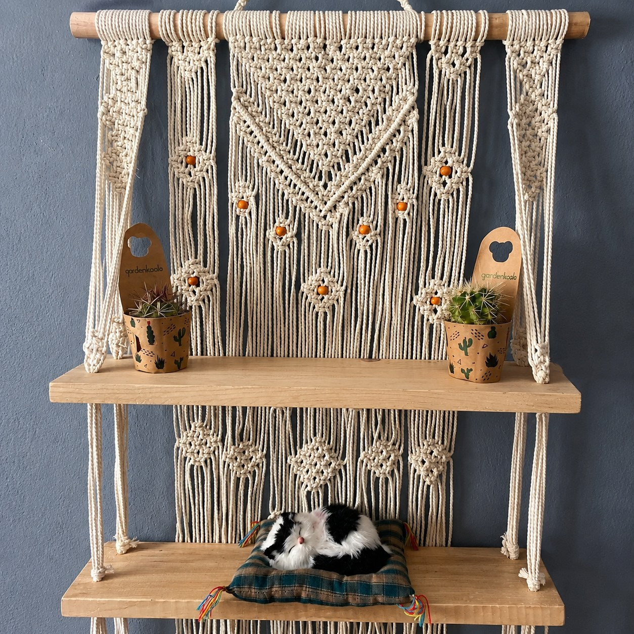 Handmade Macrame Hanging Plant Shelf – Boho Wooden Wall Decor