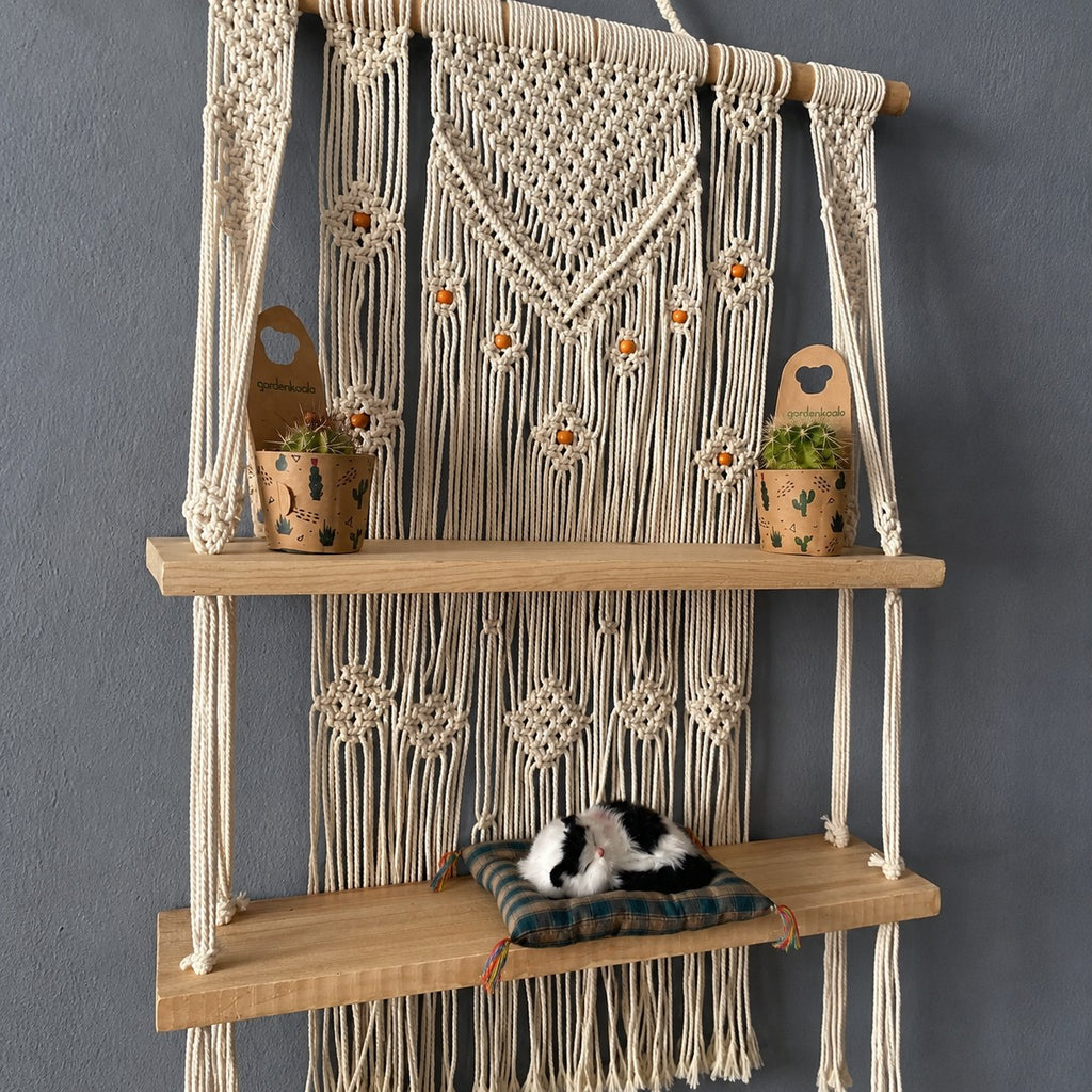 Handmade Macrame Hanging Plant Shelf – Boho Wooden Wall Decor