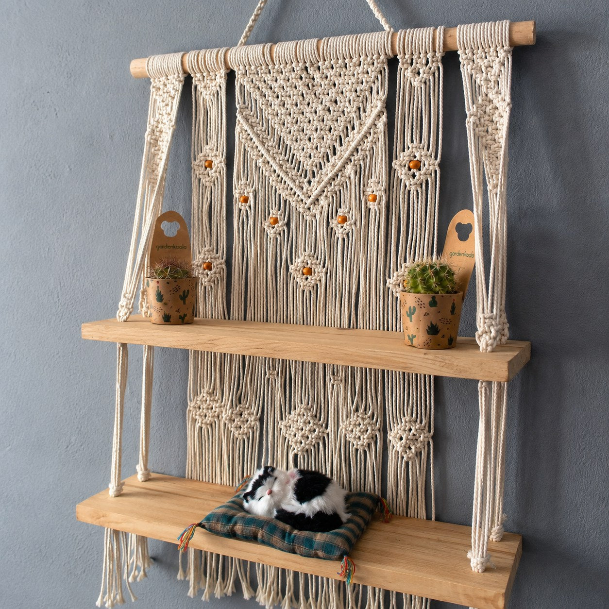 Handmade Macrame Hanging Plant Shelf – Boho Wooden Wall Decor
