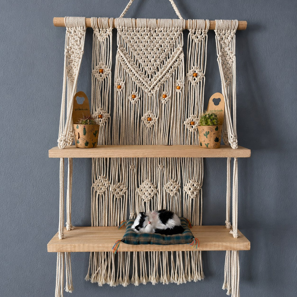 Handmade Macrame Hanging Plant Shelf – Boho Wooden Wall Decor