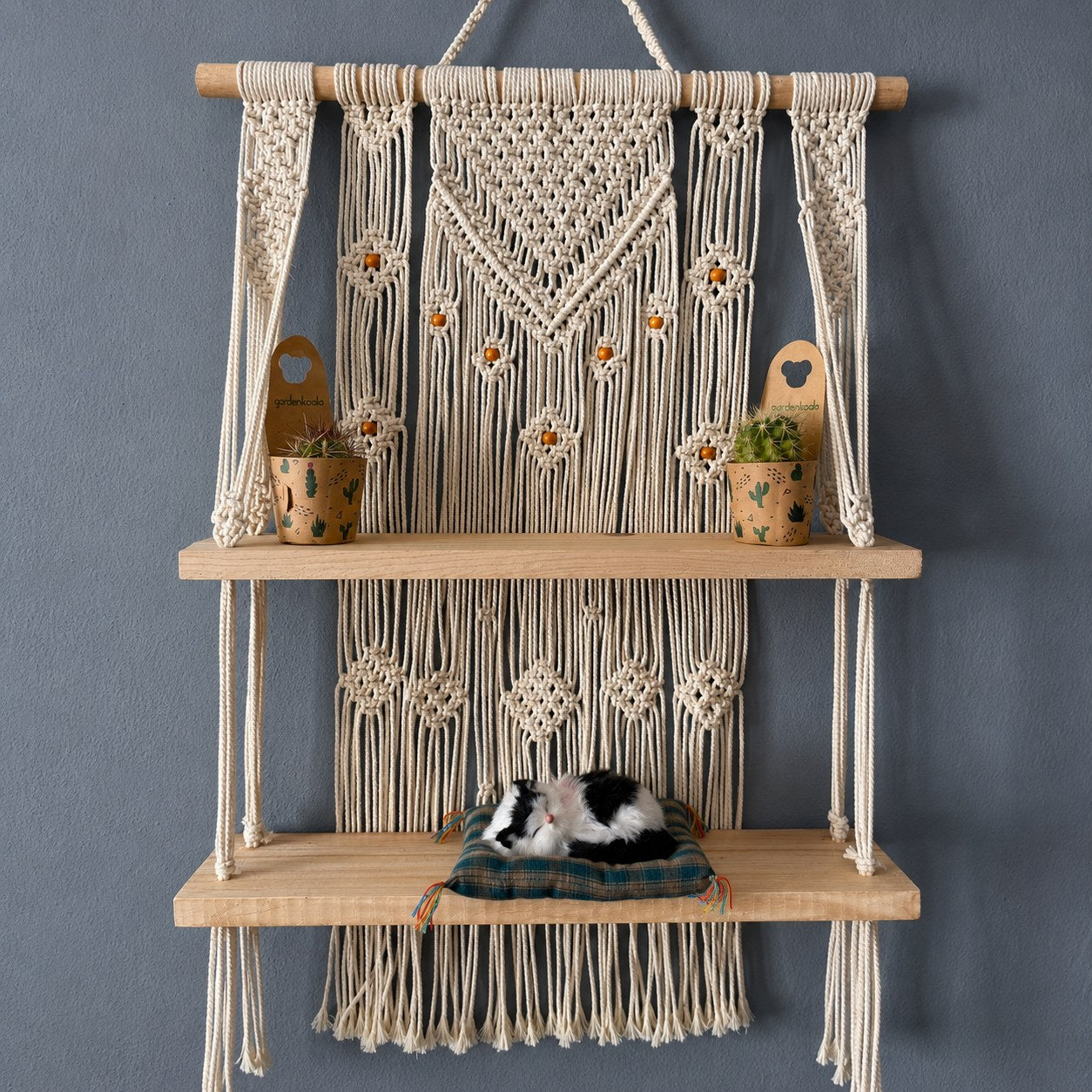 Handmade Macrame Hanging Plant Shelf – Boho Wooden Wall Decor