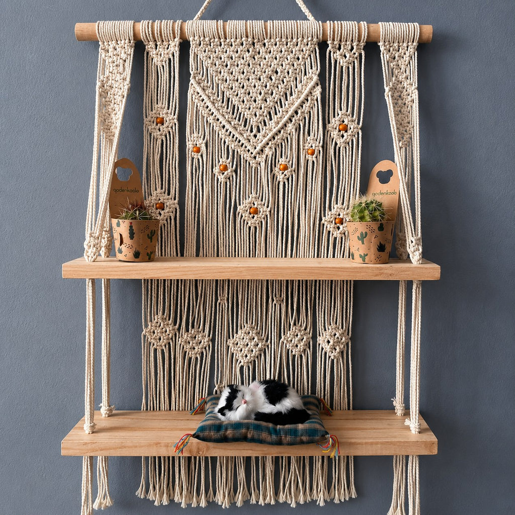 Handmade Macrame Hanging Plant Shelf – Boho Wooden Wall Decor