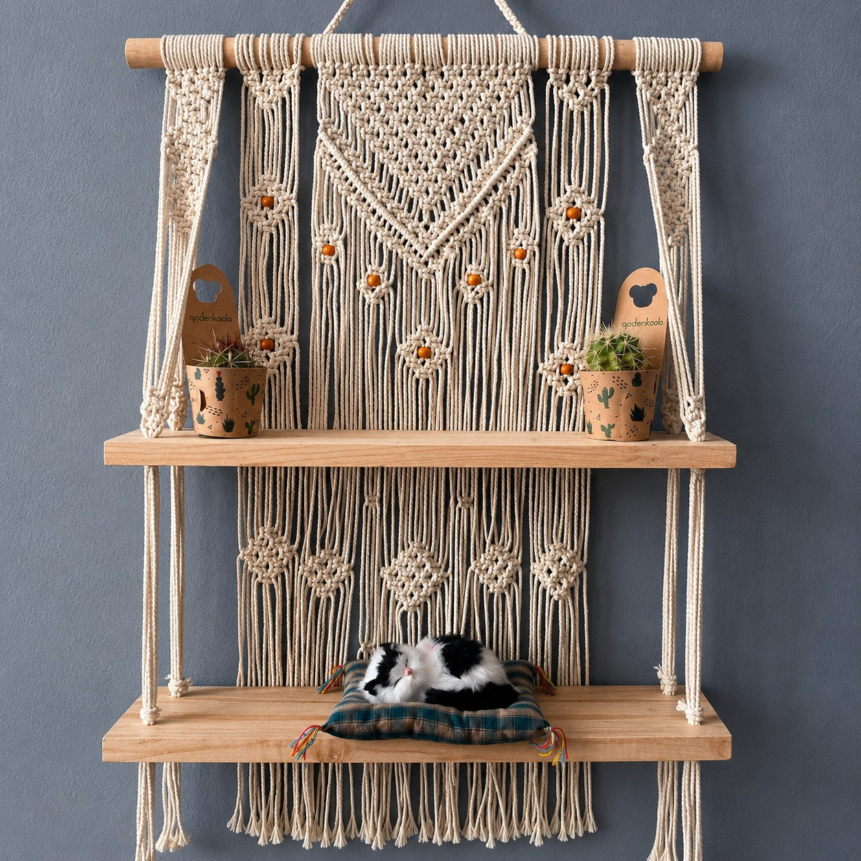 Handmade Macrame Hanging Plant Shelf – Boho Wooden Wall Decor
