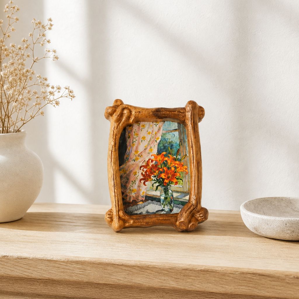 Handcrafted Solid Wood Frame, Vintage Tabletop Art Decor, Natural Home Accent