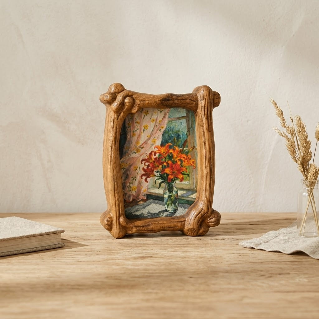 Handcrafted Solid Wood Frame, Vintage Tabletop Art Decor, Natural Home Accent