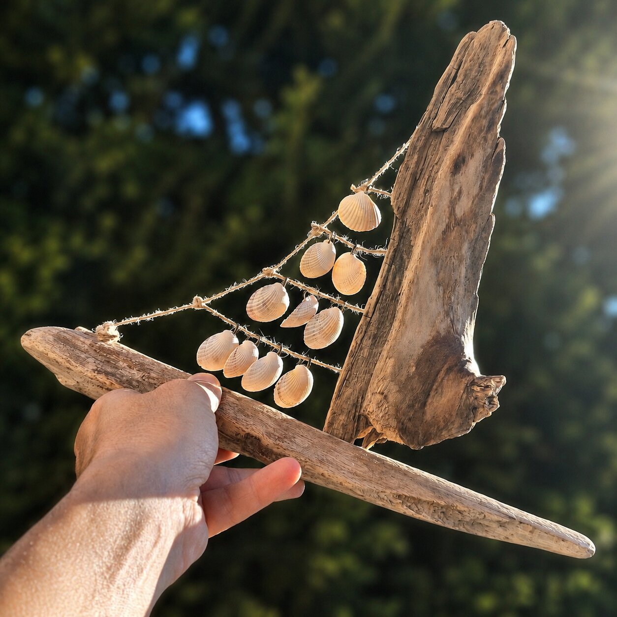 Handmade Seashell Sailboat Driftwood Coastal Beach House Decor