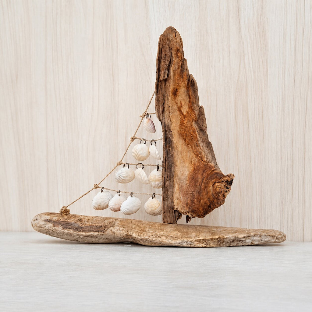 Handmade Seashell Sailboat Driftwood Coastal Beach House Decor