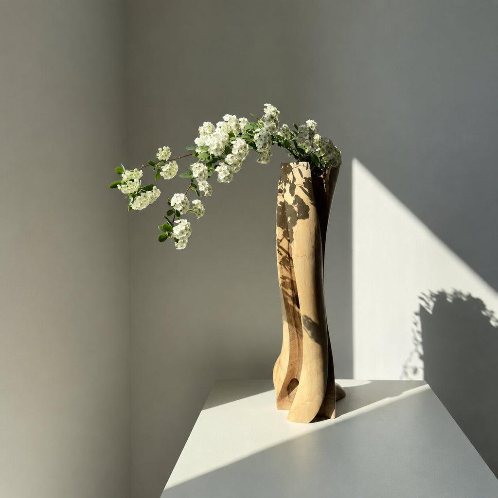 Natural Walnut Wood Vase, Handmade Sculptural Decor, Japandi Style Flower Display