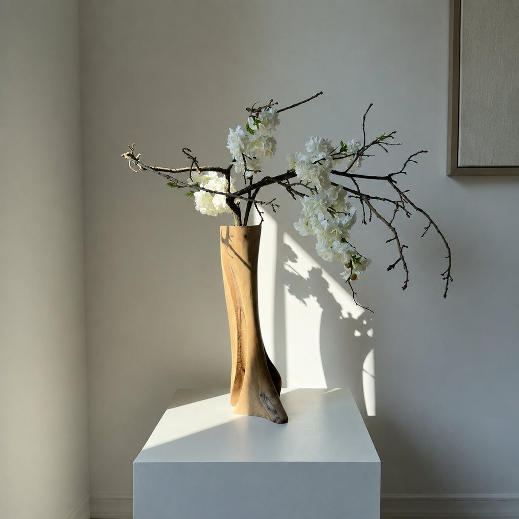 Natural Walnut Wood Vase, Handmade Sculptural Decor, Japandi Style Flower Display