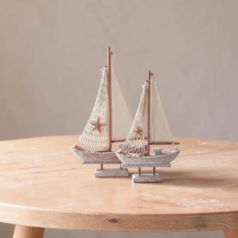 Handcrafted Wooden Sailboat Decor for Coastal Tables and Beach House Shelves
