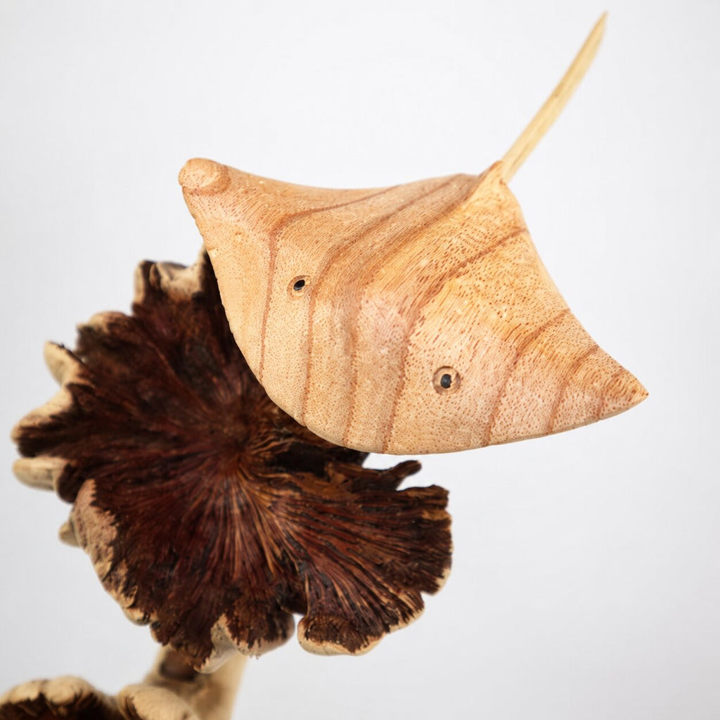 Hand Carved Wooden Stingray Sculpture Driftwood Coastal Ocean Decor