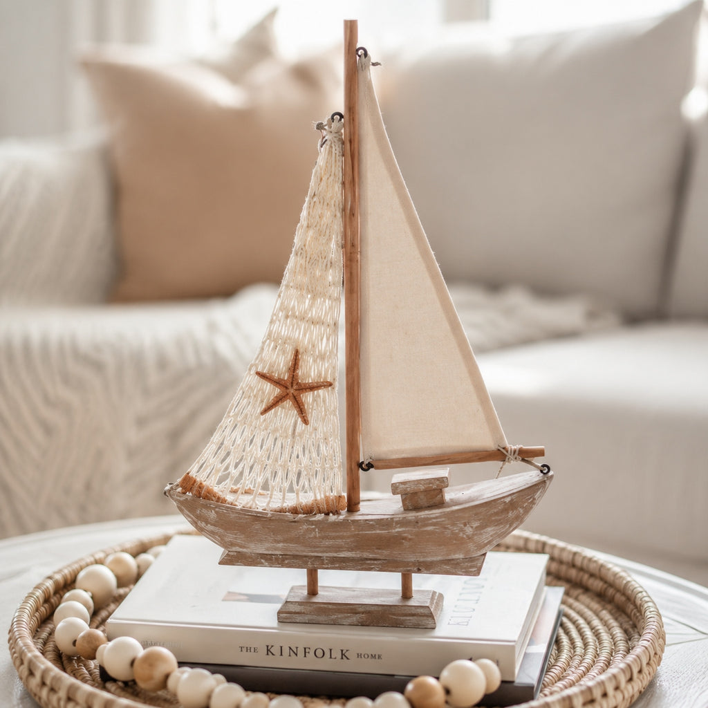 Handcrafted Wooden Sailboat Decor for Coastal Tables and Beach House Shelves