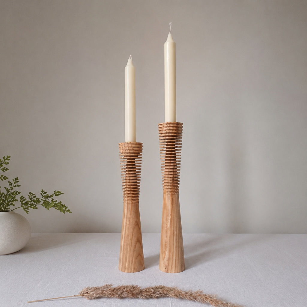 Natural Wooden Candle Holder Set of 2, Scandinavian Style Candlestick Stand, Minimalist Home Accent Gift