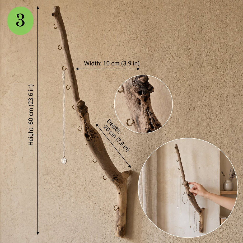 Natural Driftwood Jewelry Holder, Rustic Wall Organizer, Handmade Key Hook Decor Gift