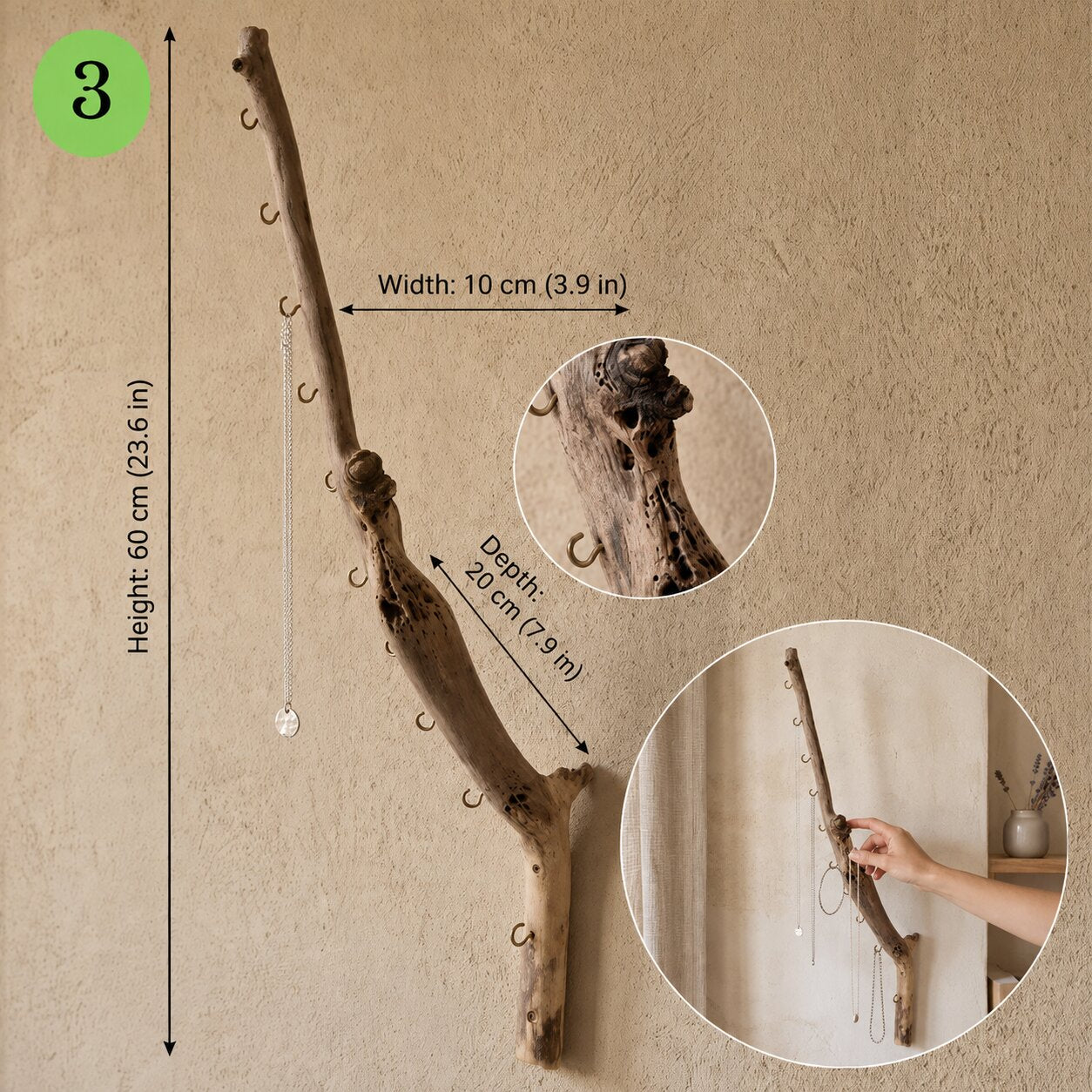 Natural Driftwood Jewelry Holder, Rustic Wall Organizer, Handmade Key Hook Decor Gift