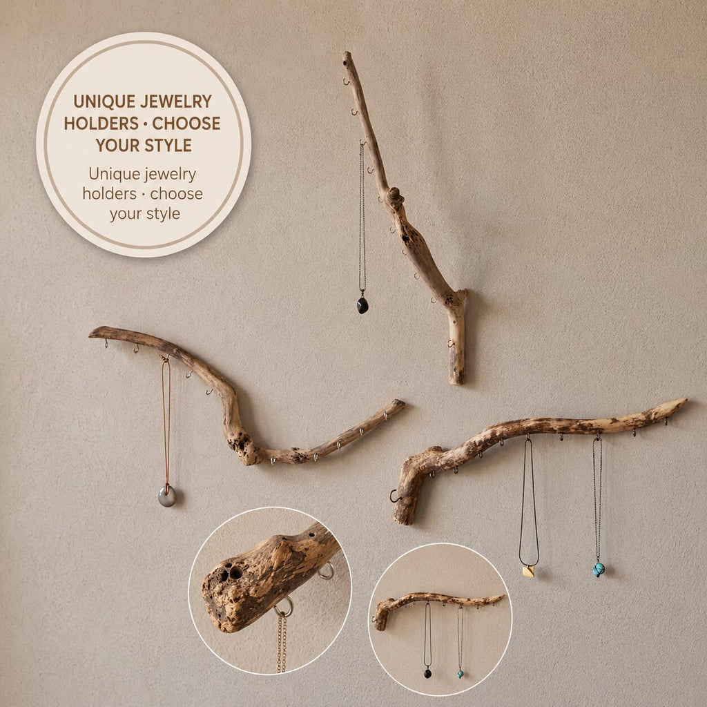 Natural Driftwood Jewelry Holder, Rustic Wall Organizer, Handmade Key Hook Decor Gift