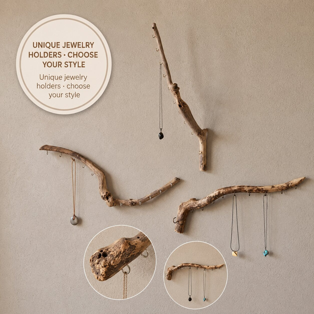 Natural Driftwood Jewelry Holder, Rustic Wall Organizer, Handmade Key Hook Decor Gift