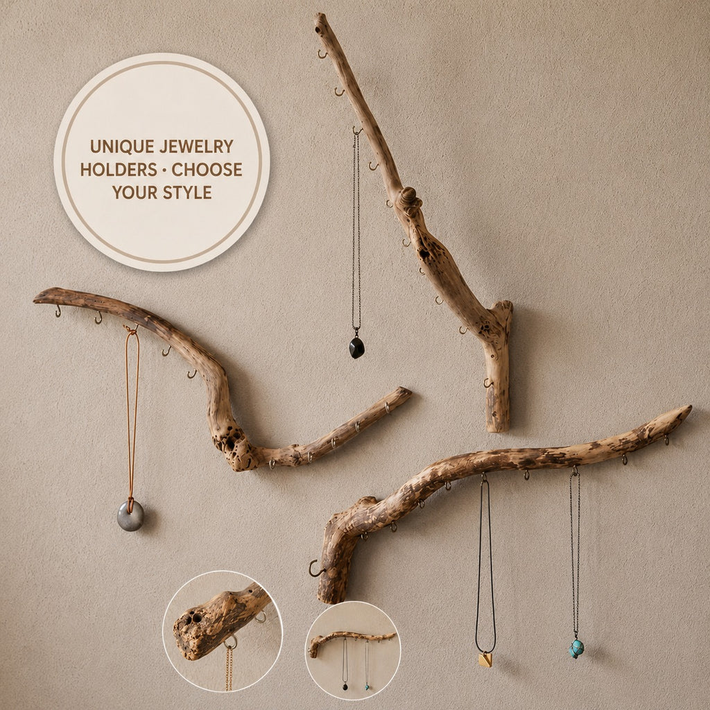 Natural Driftwood Jewelry Holder, Rustic Wall Organizer with Key Hooks