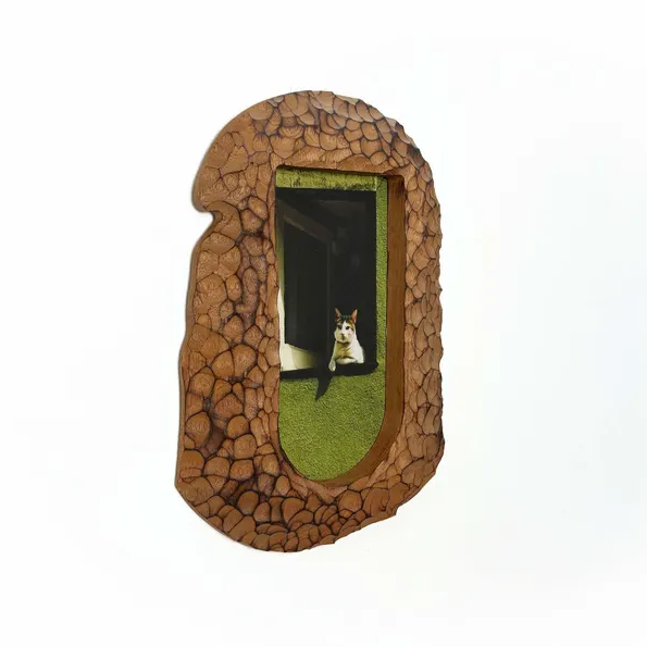 Handcrafted Wood Picture Frame, Cozy Cat Window Artwork, Whimsical Home Wall Decor