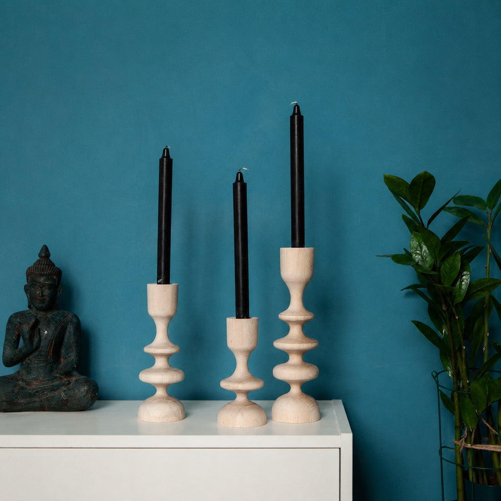 Rustic Wooden Candle Holder Set, Scandinavian Taper Candle Stands for Neutral Home Decor