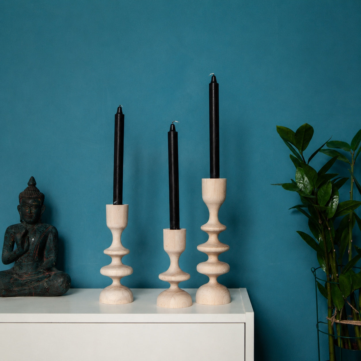 Rustic Wooden Candle Holder Set, Scandinavian Taper Candle Stands for Neutral Home Decor
