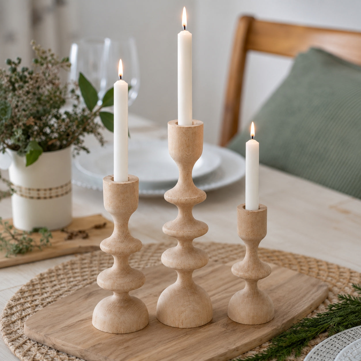 Rustic Wooden Candle Holder Set, Scandinavian Taper Candle Stands for Neutral Home Decor