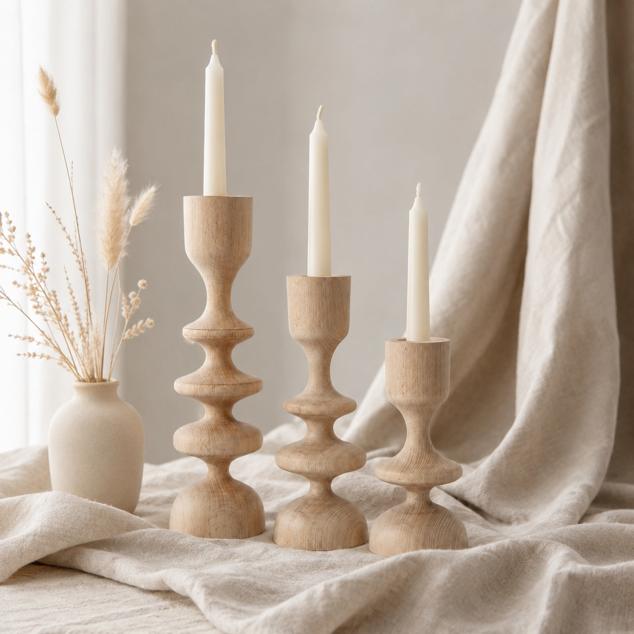 Rustic Wooden Candle Holder Set, Scandinavian Taper Candle Stands for Neutral Home Decor
