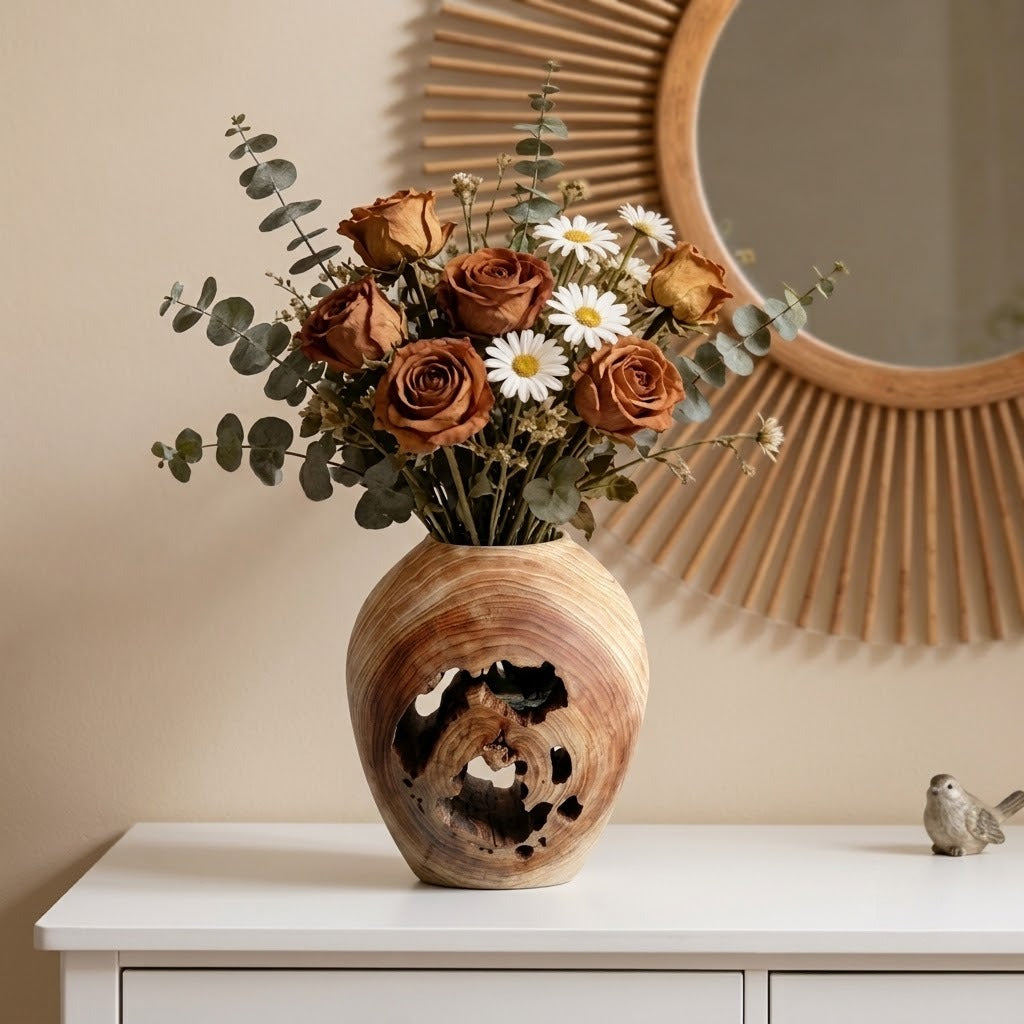 Natural Hollow Wood Vase Holder, Wabi-Sabi Sculptural Centerpiece