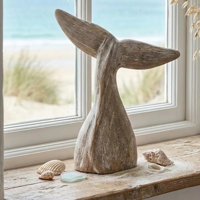 Whale Tail Wooden Figurine for Coastal Home Decor